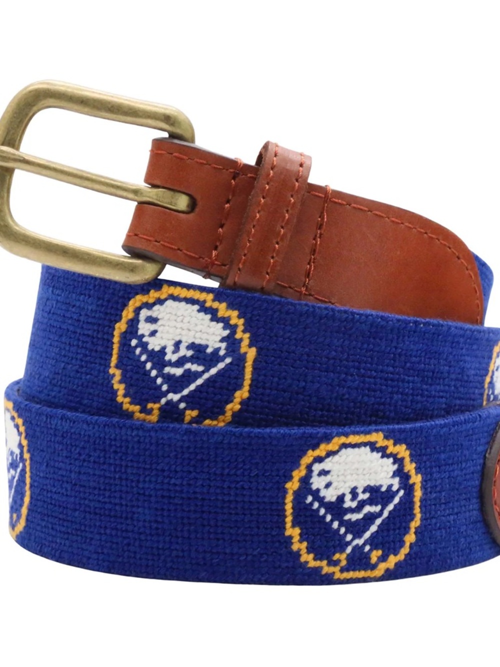 Men's Blue Embroidered Belt with Brown Leather Trim size 32